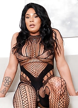 Black tgirl Vanity looking smoking hot in that sexy black bodystocking, that hugs her curves and shows off those big boobs and big butt!
